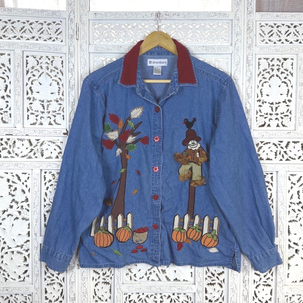Vtg Fall Theme Lightweight Denim Shirt Womens XL Granny Retro Corduroy Pumpkin